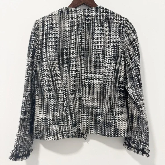 Spenser Jeremy Womens Tweed Blazer Jacket Black Gray White Fringe Open Front - Picture 4 of 9